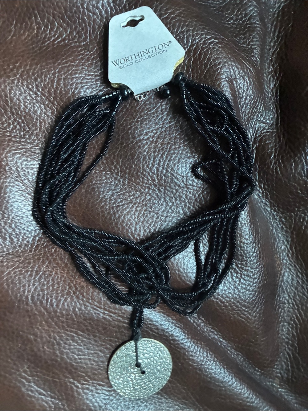 Worthington Black Multi-Strand Beaded Necklace with Textured Pendant